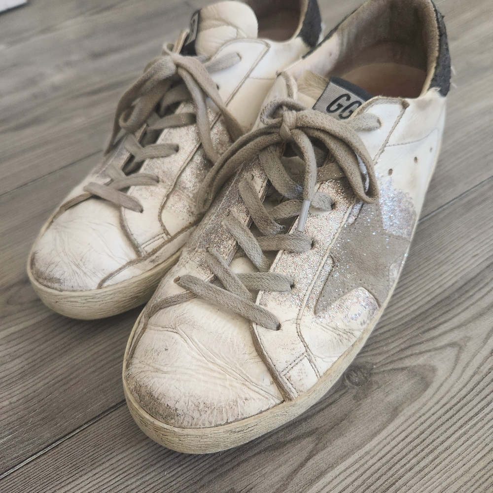 Golden Goose White and Silver Sneakers